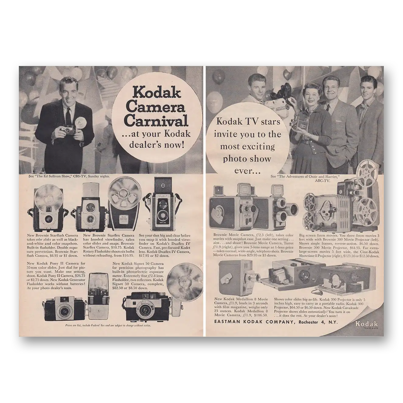 1958 Kodak Carnival Ed Sullivan Ozzie and Harriet Vintage Magazine Print Ad