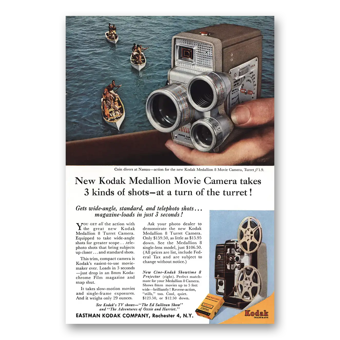 1958 Kodak Medallion Movie Camera Coin Divers Nassau Vintage Magazine Print Ad