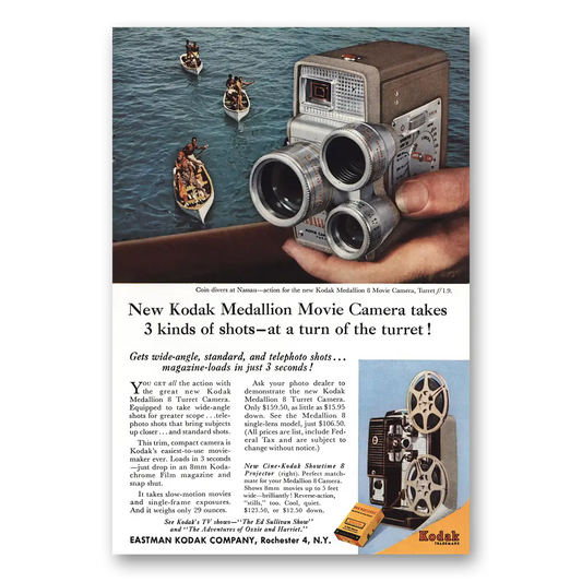 1958 Kodak Medallion Movie Camera Coin Divers Nassau Vintage Magazine Print Ad