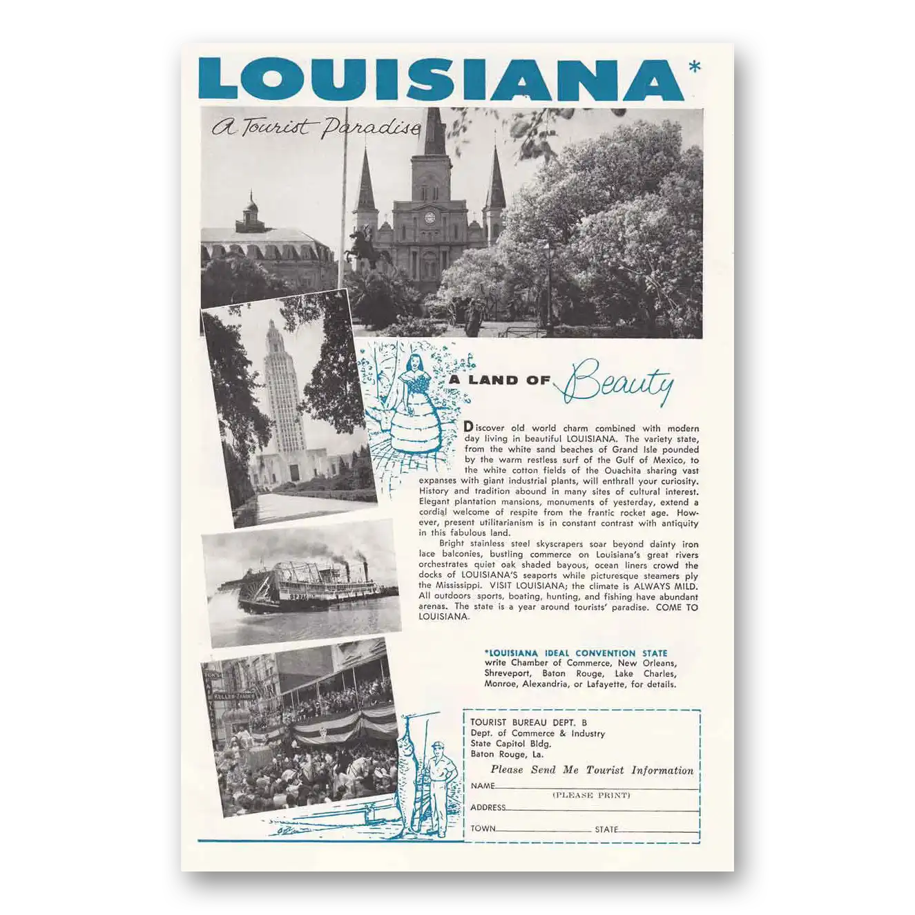 1958 Louisiana Land of Beauty Vintage Magazine Print Ad