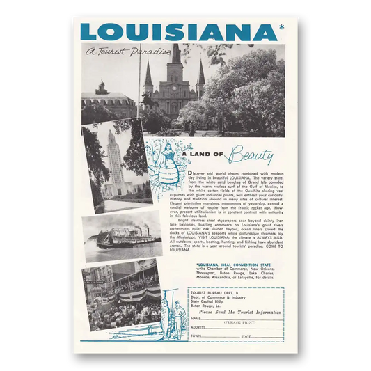 1958 Louisiana Land of Beauty Vintage Magazine Print Ad