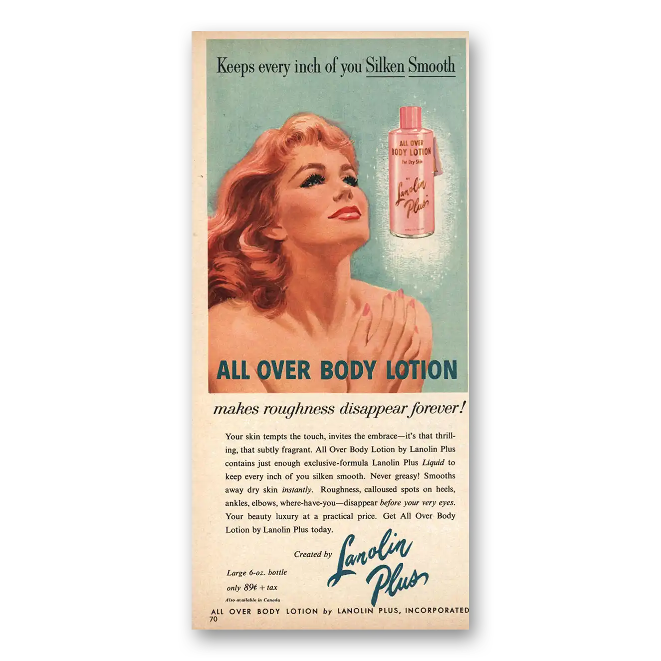 1958 Lanolin Plus Body Lotion Every Inch of You Silken Smooth Vintage Magazine Print Ad