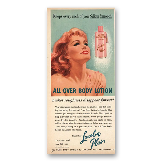 1958 Lanolin Plus Body Lotion Every Inch of You Silken Smooth Vintage Magazine Print Ad