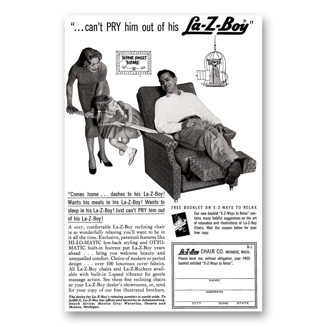 1958 La Z Boy Can't Pry Him Out Vintage Magazine Print Ad