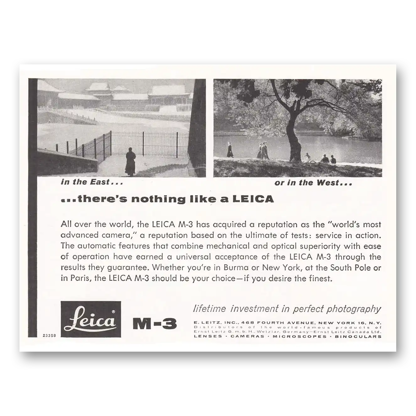 1958 Leica Cameras The East or In the West Vintage Magazine Print Ad