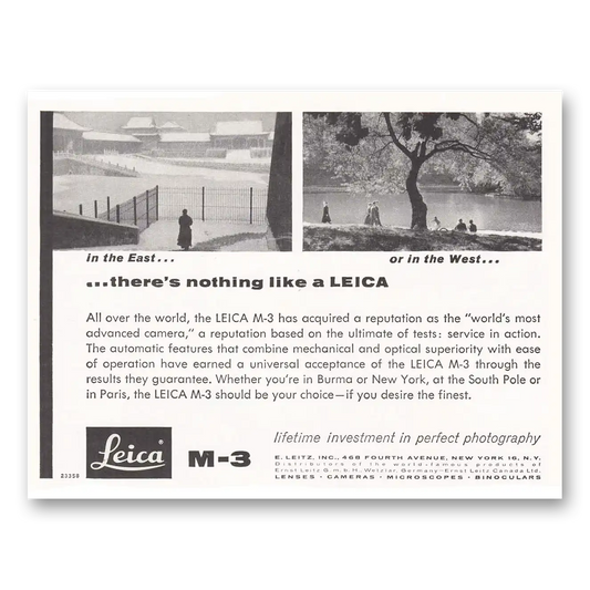 1958 Leica Cameras The East or In the West Vintage Magazine Print Ad