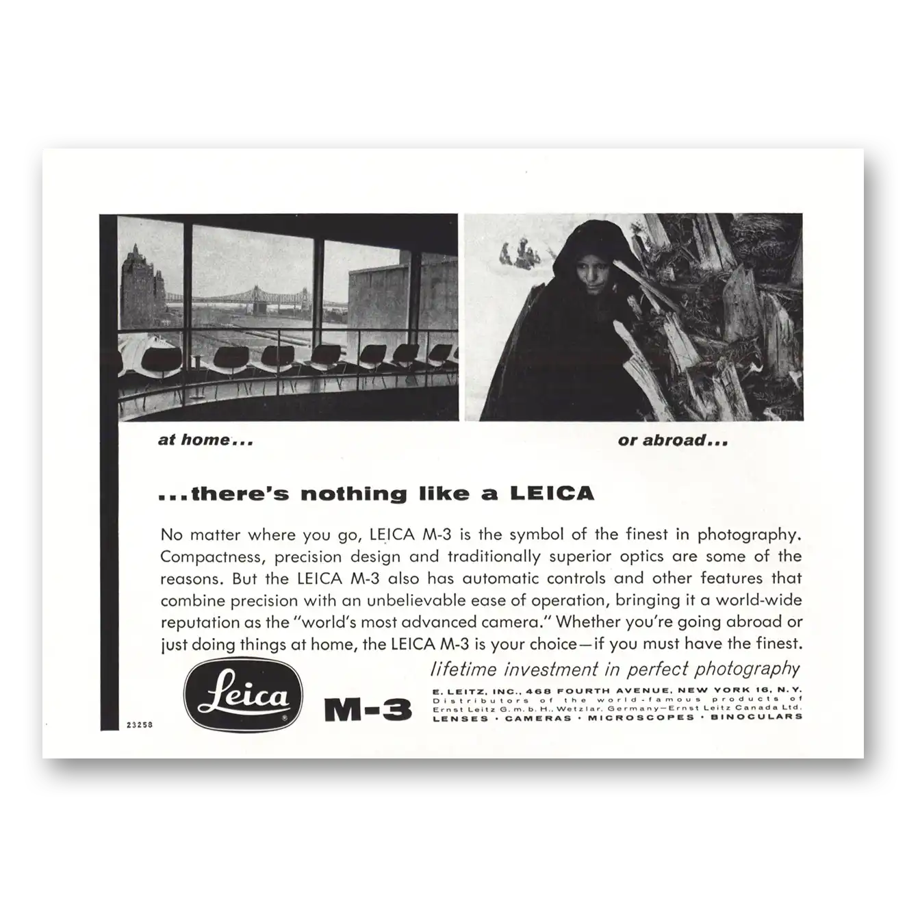 1958 Leica Cameras At Home or Abroad Vintage Magazine Print Ad