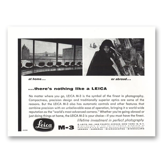 1958 Leica Cameras At Home or Abroad Vintage Magazine Print Ad