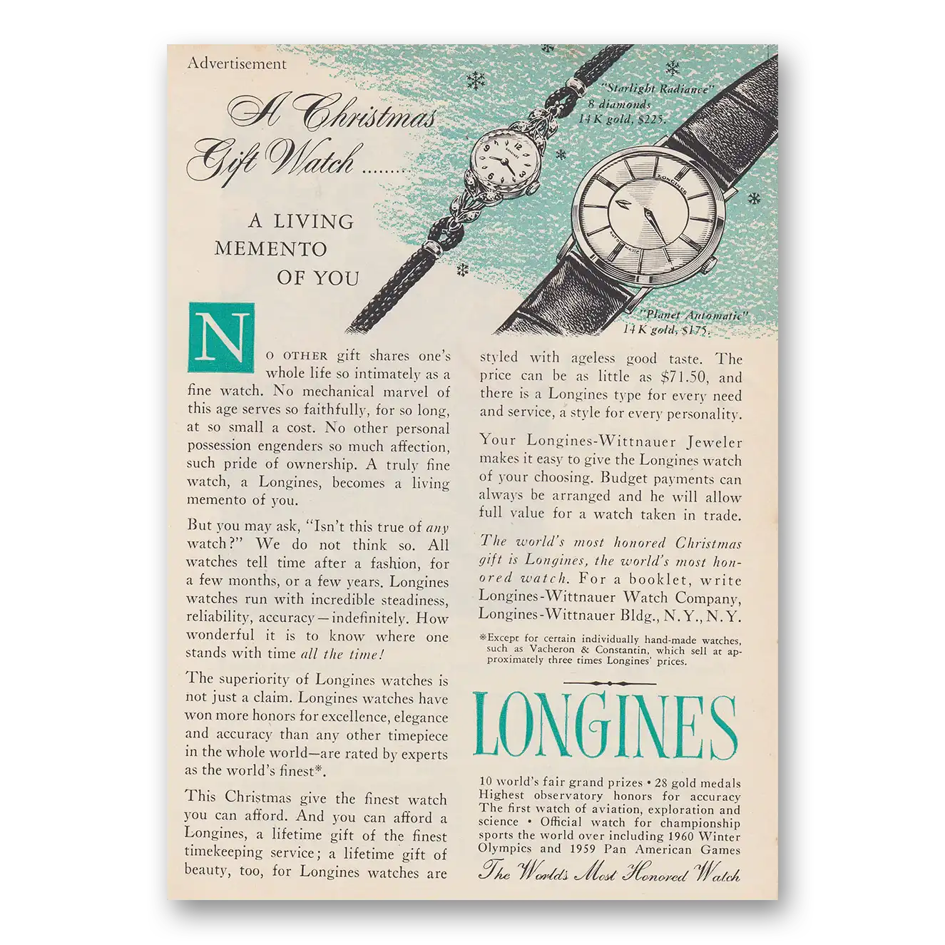 1958 Longines Wittnauer Christmas Gift Watch Vintage Magazine Print Ad