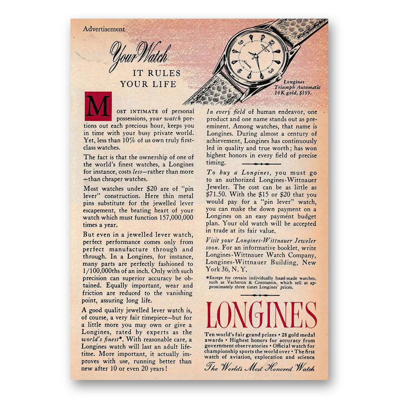 1958 Longines Wittnauer Your Watch It Rules Your Life Vintage Magazine Print Ad