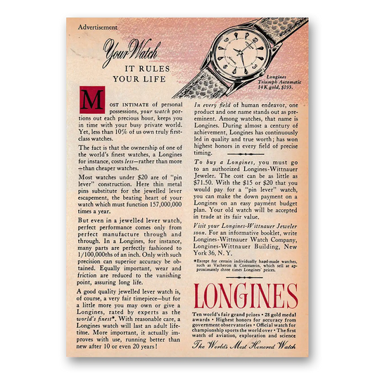 1958 Longines Wittnauer Your Watch It Rules Your Life Vintage Magazine Print Ad