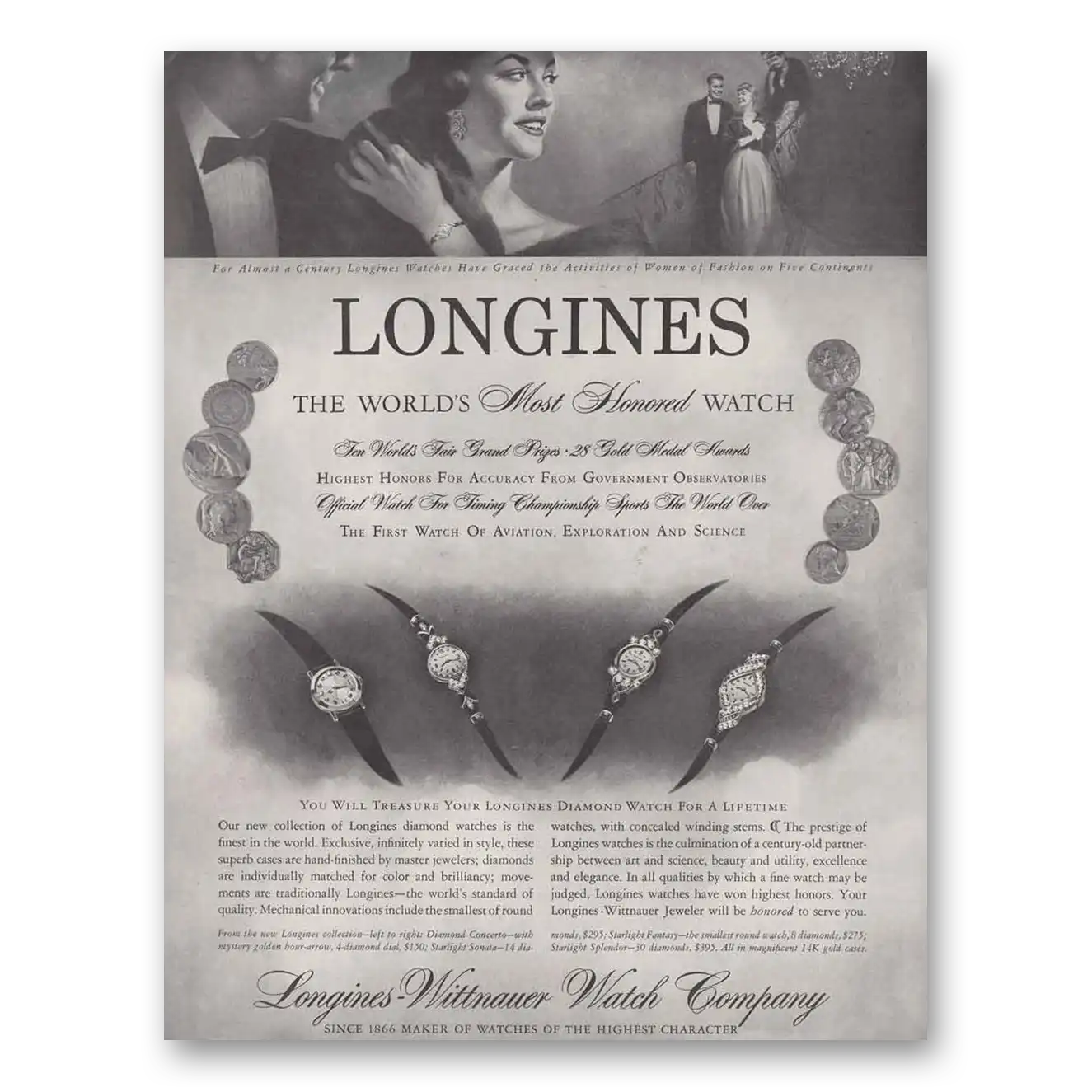 1958 Longines Wittnauer Most Honored Watch Vintage Magazine Print Ad