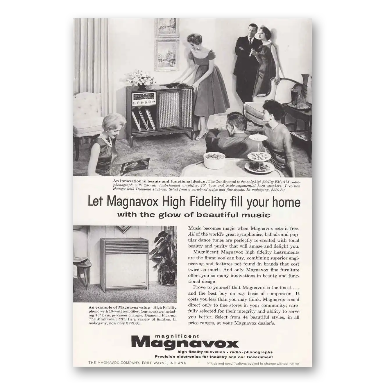 1958 Magnavox Radio Phonograph Glow of Beautiful Music Vintage Magazine Print Ad