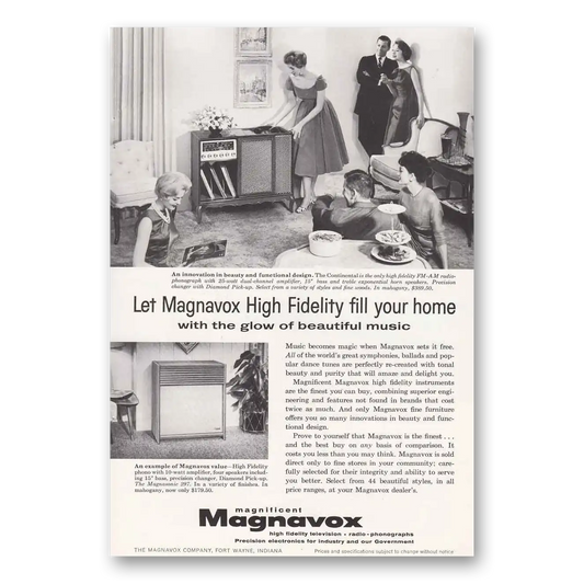 1958 Magnavox Radio Phonograph Glow of Beautiful Music Vintage Magazine Print Ad