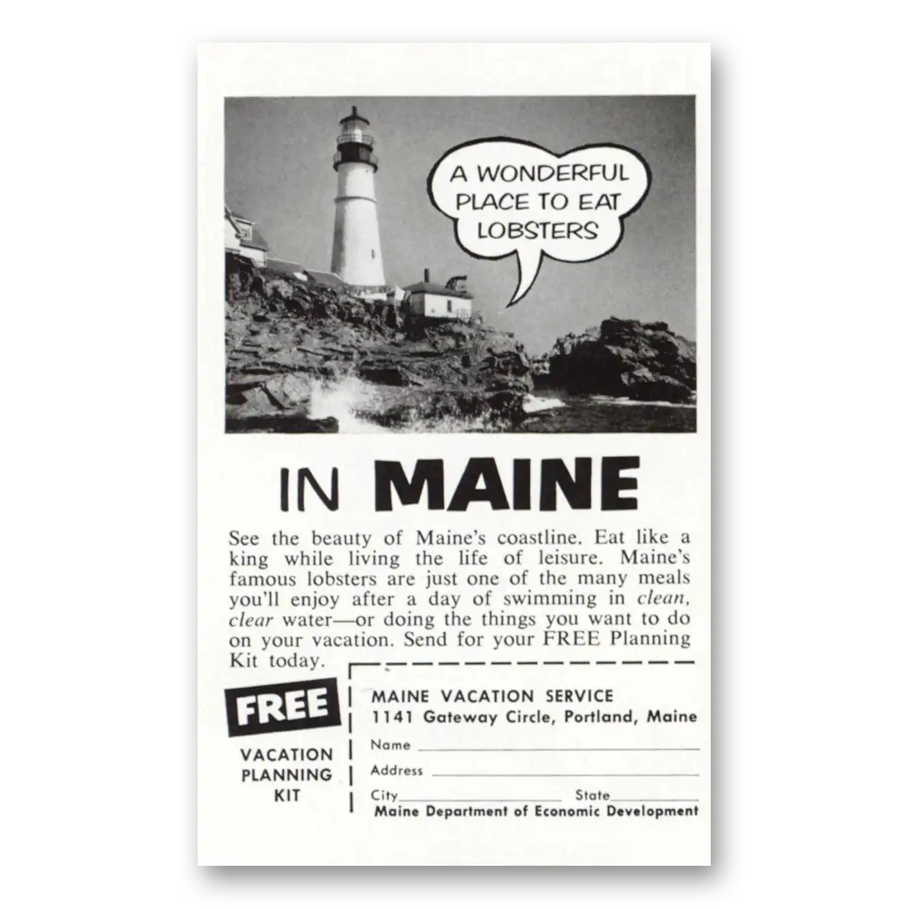 1958 Maine Wonderful Place to Eat Lobsters Vintage Magazine Print Ad