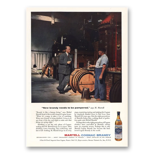 1958 Martell Cognac New Brandy Needs to Be Pampered Vintage Magazine Print Ad