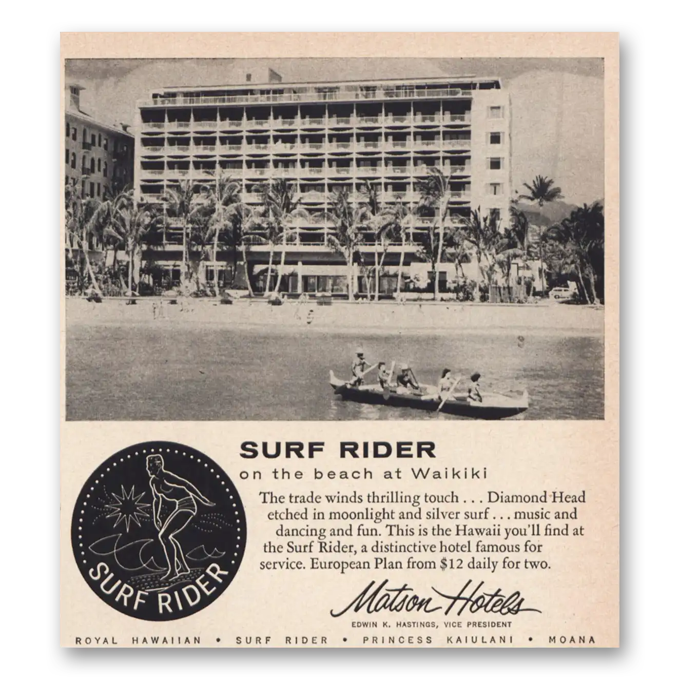 1957 Matson Hotels Surf Rider Hotel On the Beach at Waikiki Vintage Magazine Print Ad