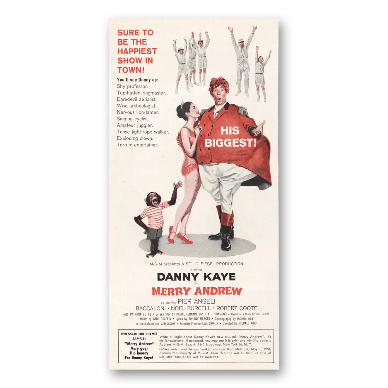 1958 Merry Andrew Movie Promo Danny Kaye Sure To Be the Happiest Show In Town Vintage Magazine Print Ad