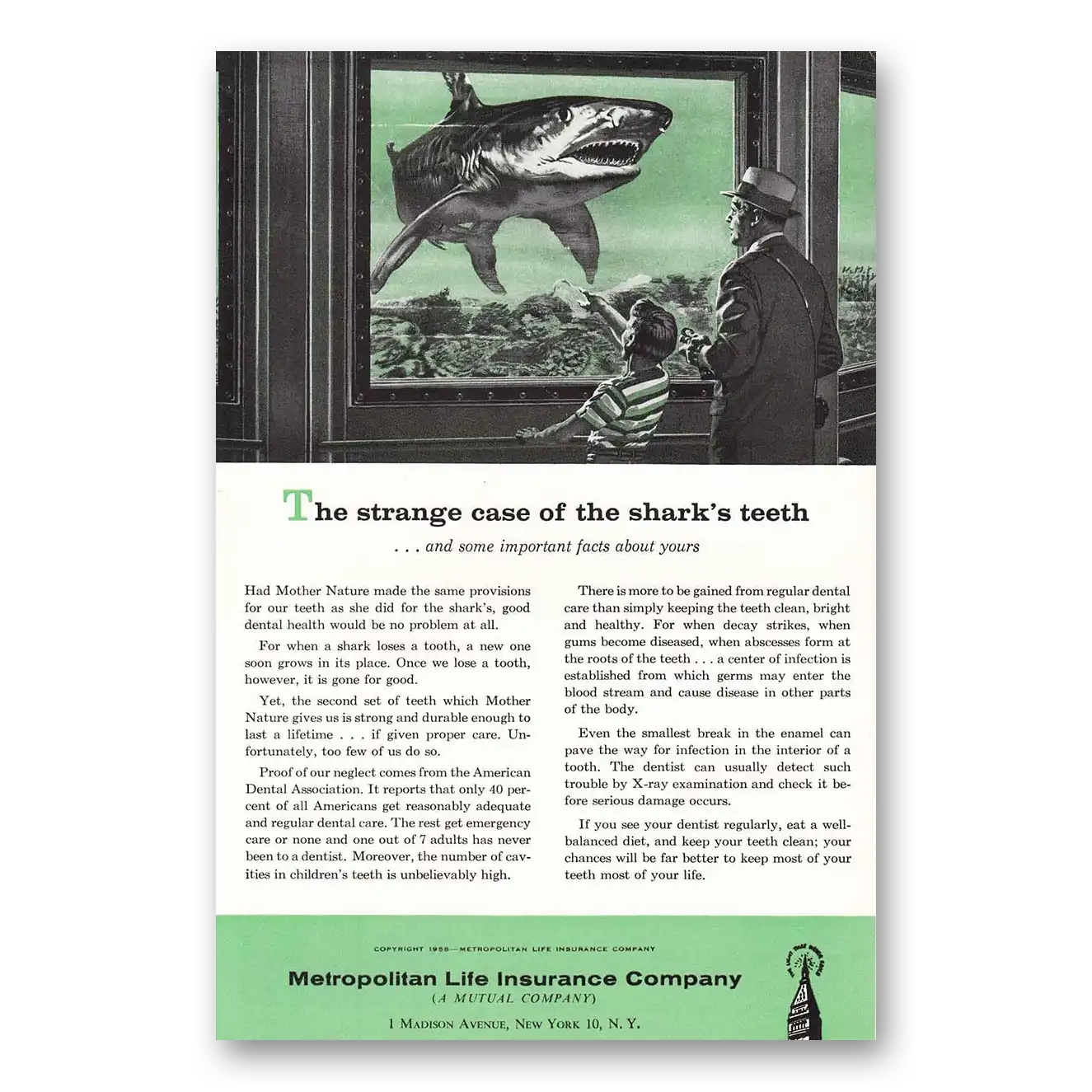 1958 Metropolitan Life Insurance Sharks Teeth Vintage Magazine Print Ad