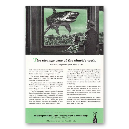 1958 Metropolitan Life Insurance Sharks Teeth Vintage Magazine Print Ad