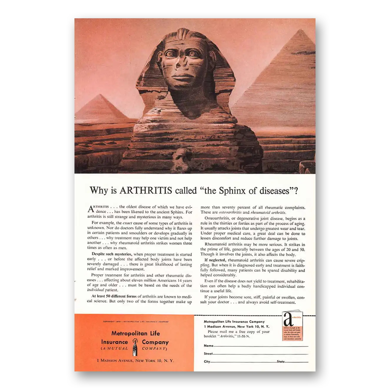 1958 Metropolitan Life Insurance Arthritis Called the Sphinx of Disease Vintage Magazine Print Ad