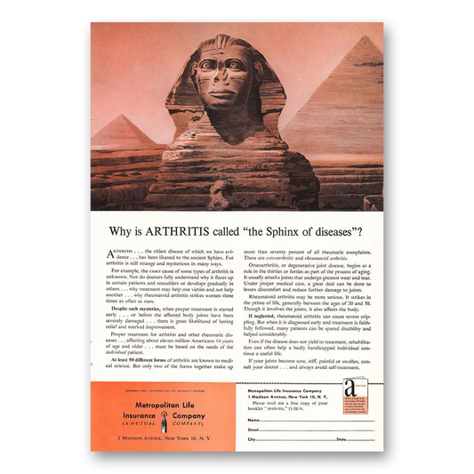 1958 Metropolitan Life Insurance Arthritis Called the Sphinx of Disease Vintage Magazine Print Ad