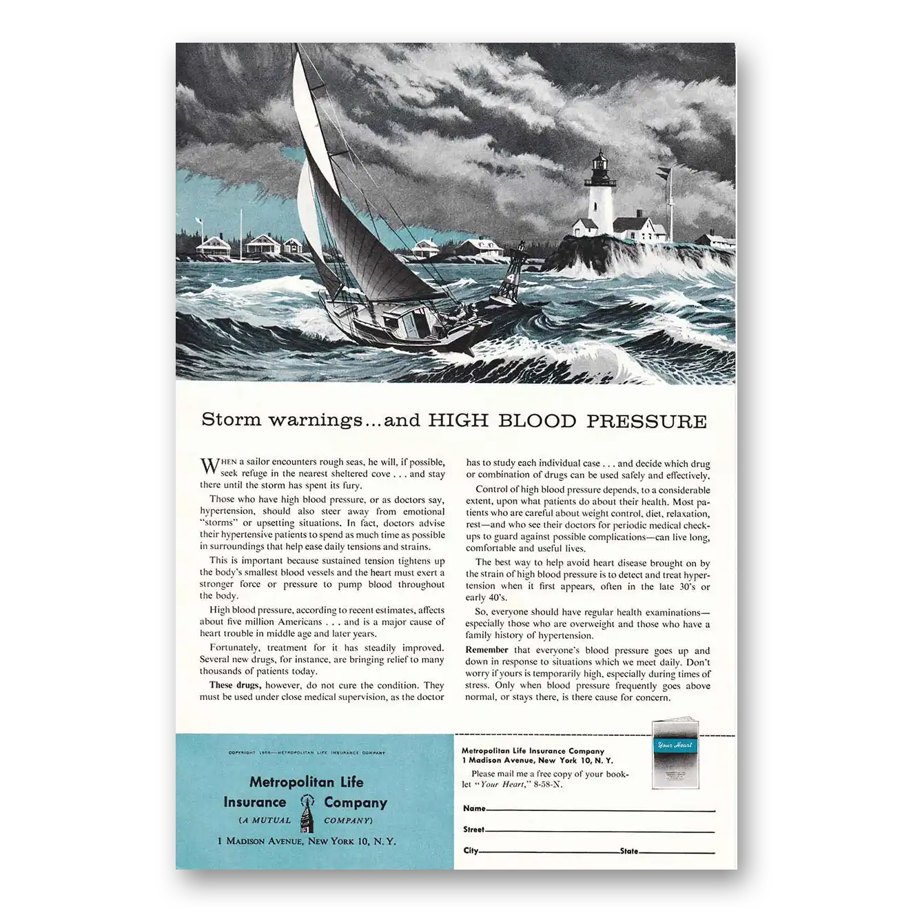 1958 Metropolitan Life Insurance Storm Warnings Blood Pressure Vintage Magazine Print Ad