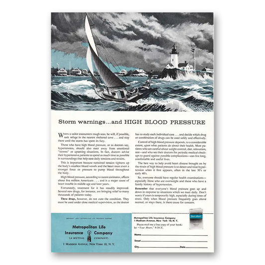 1958 Metropolitan Life Insurance Storm Warnings Blood Pressure Vintage Magazine Print Ad