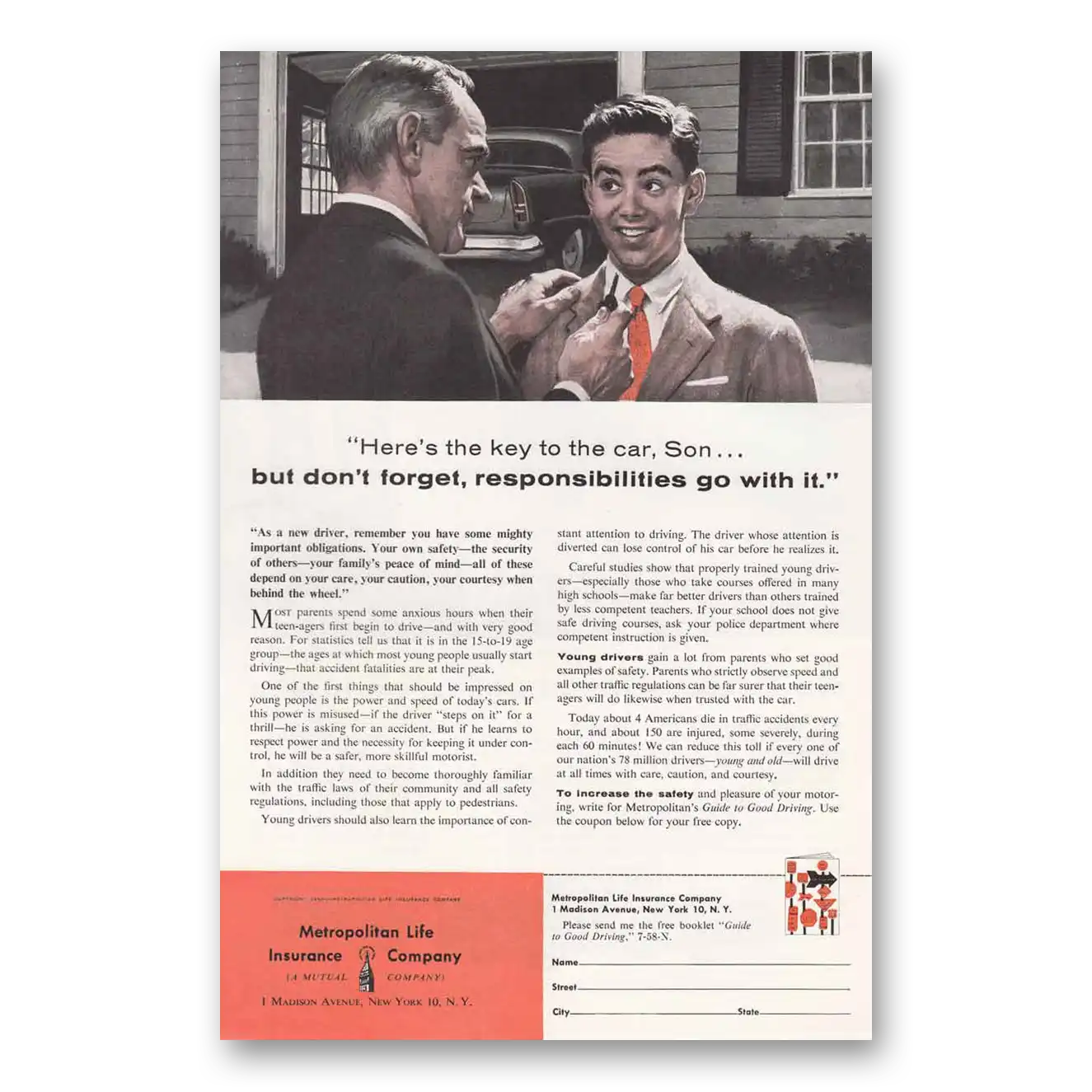 1958 Metropolitan Life Insurance Key to the Car Vintage Magazine Print Ad