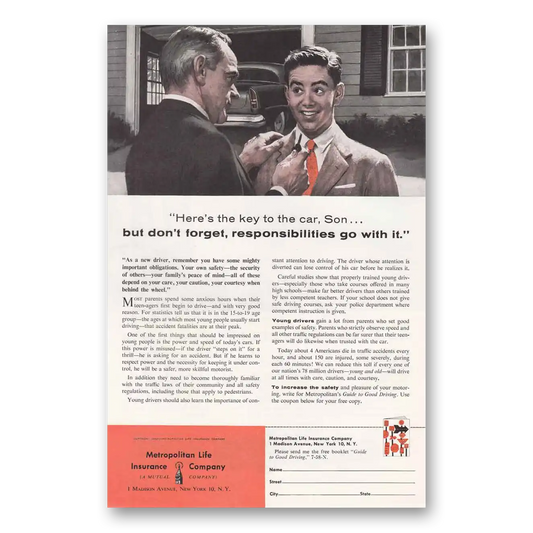 1958 Metropolitan Life Insurance Key to the Car Vintage Magazine Print Ad