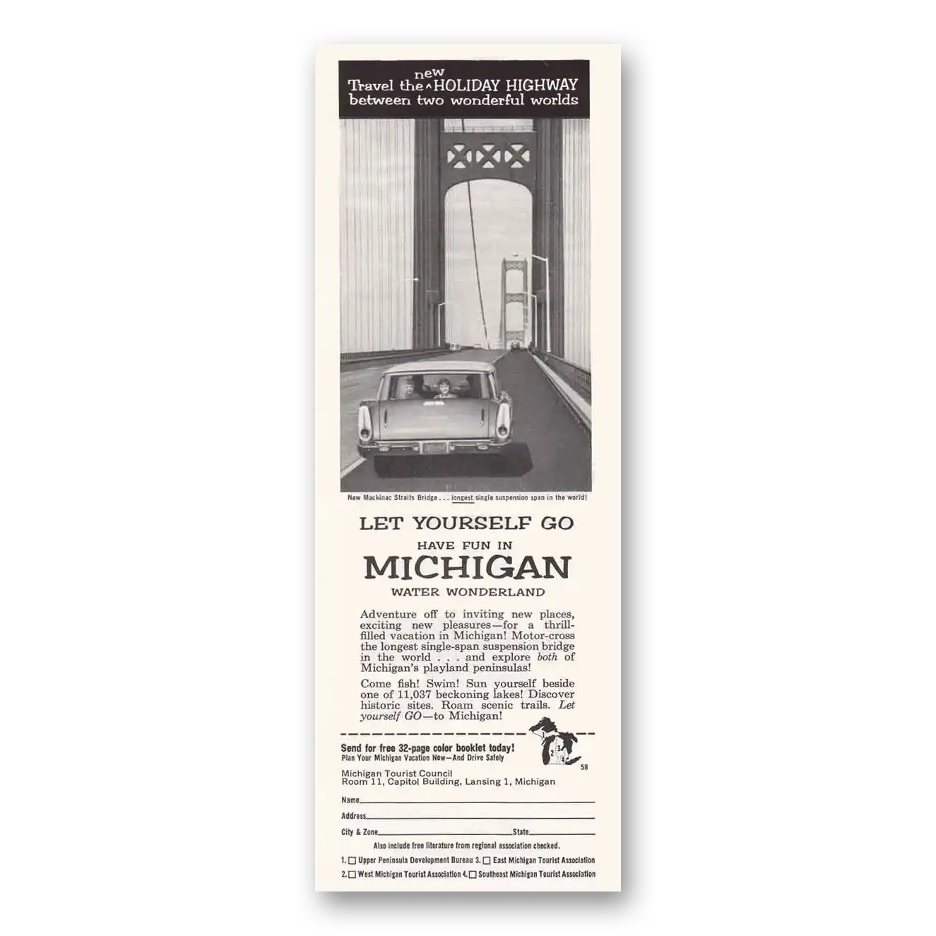 1958 Michigan New Mackinac Straits Bridge Vintage Magazine Print Ad