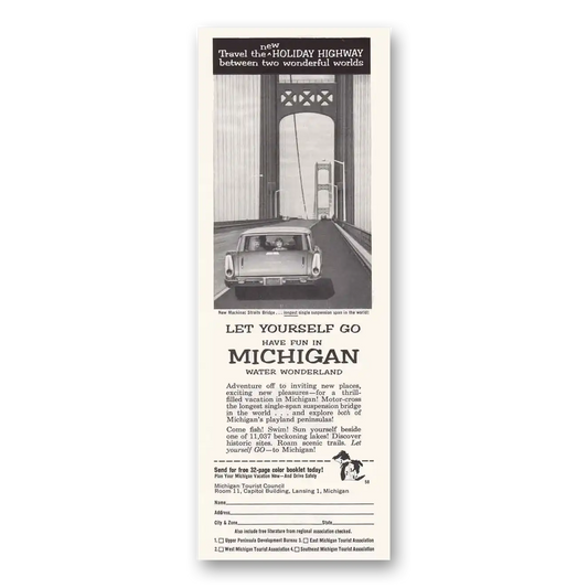 1958 Michigan New Mackinac Straits Bridge Vintage Magazine Print Ad