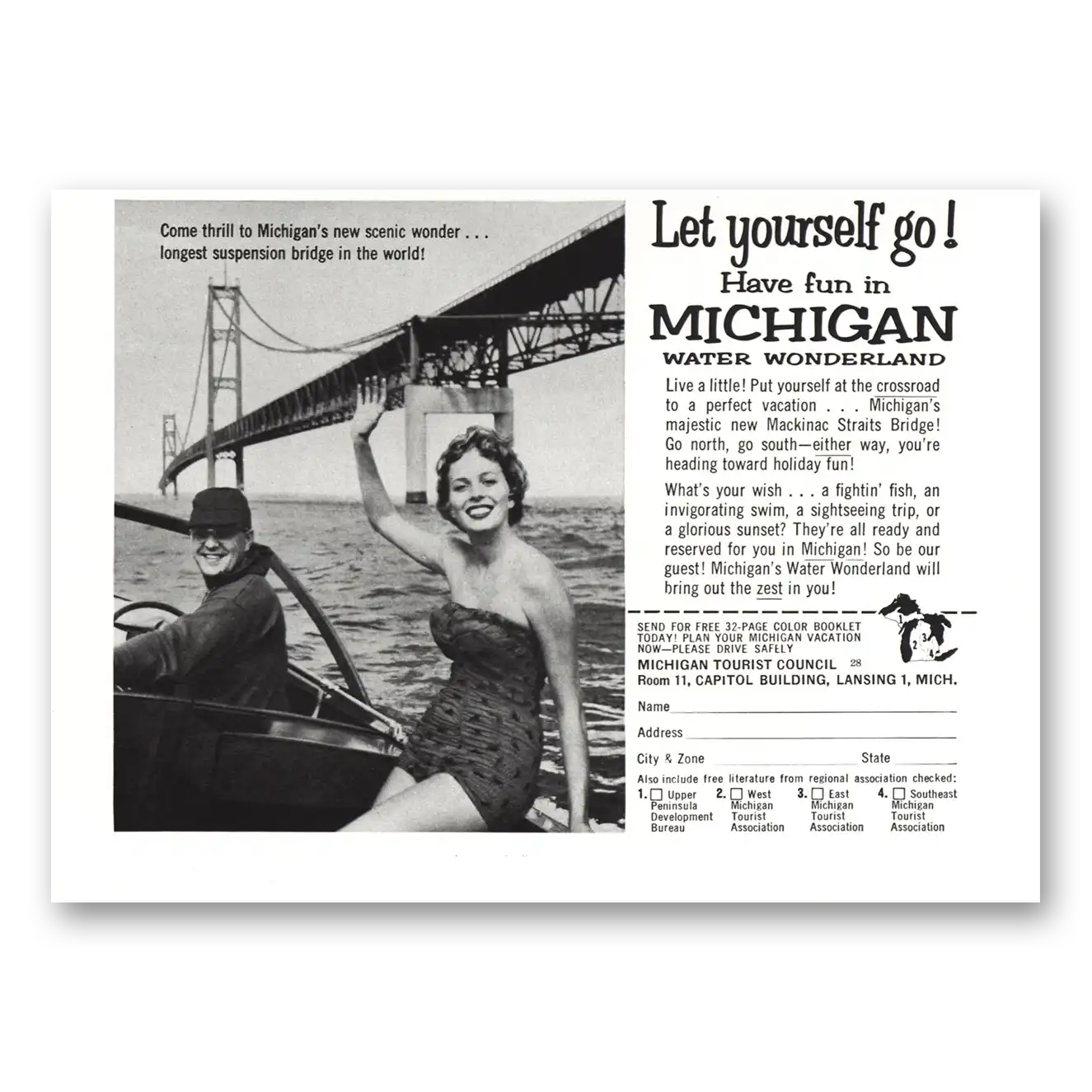 1958 Michigan Longest Suspension Bridge in the World Vintage Magazine Print Ad