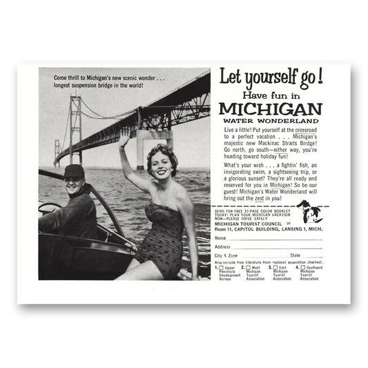 1958 Michigan Longest Suspension Bridge in the World Vintage Magazine Print Ad