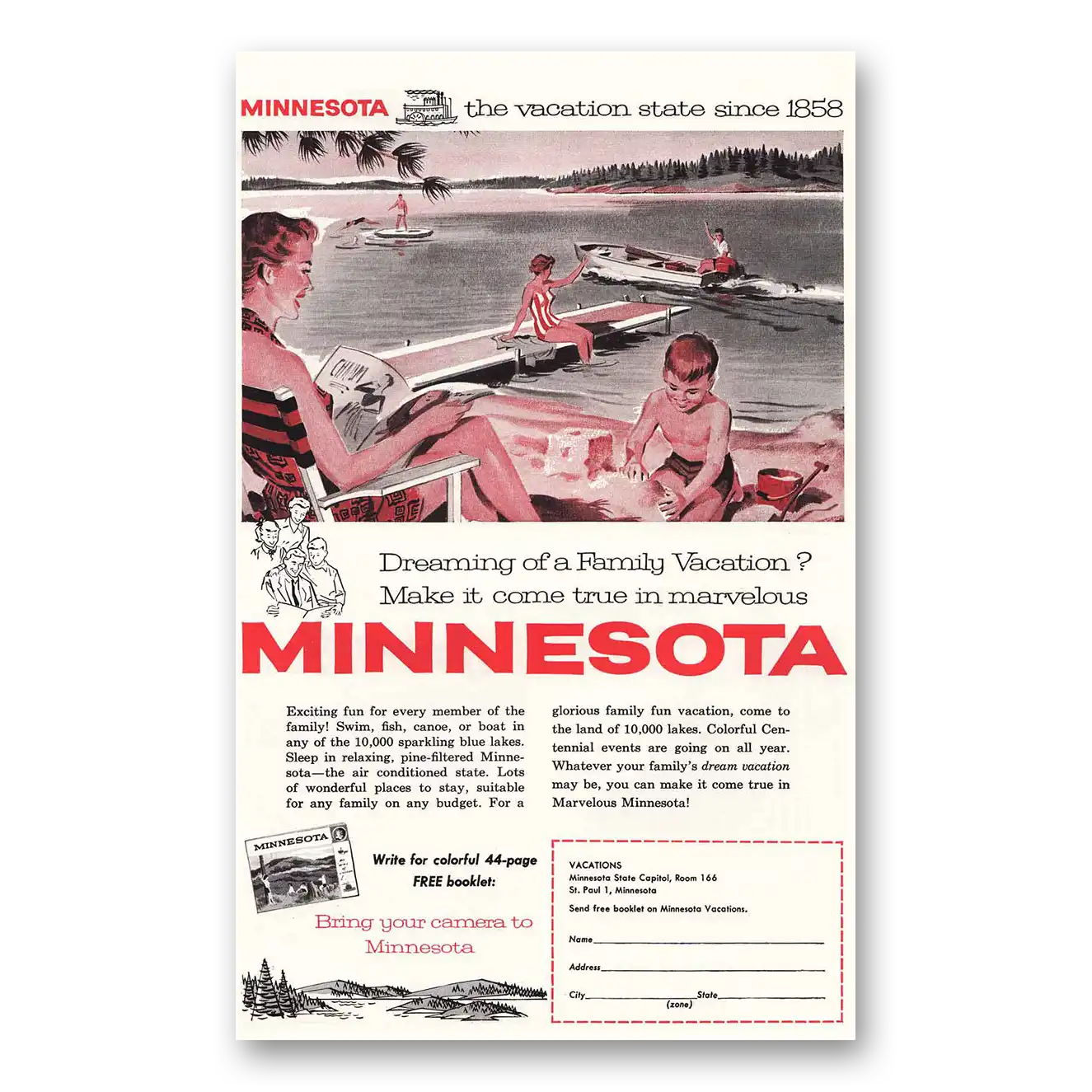 1958 Minnesota Vacation State Since 1858 Shoreline Vintage Magazine Print Ad