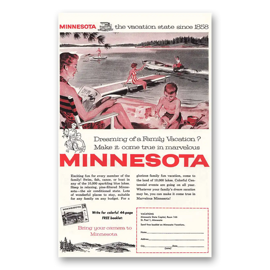 1958 Minnesota Vacation State Since 1858 Shoreline Vintage Magazine Print Ad