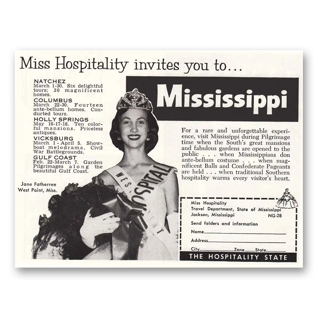 1958 Mississippi Miss Hospitality Vintage Magazine Print Ad