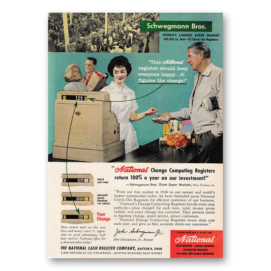 1958 National Cash Register Schwegmann Bros Vintage Magazine Print Ad