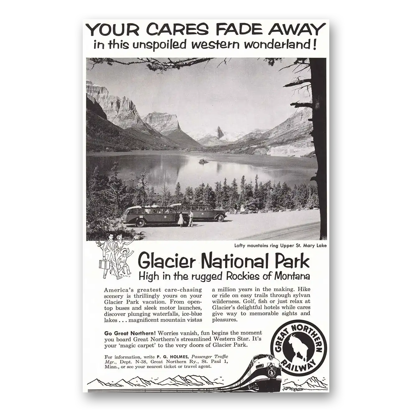 1958 Great Northern Railway Your Cares Fade Away Vintage Magazine Print Ad