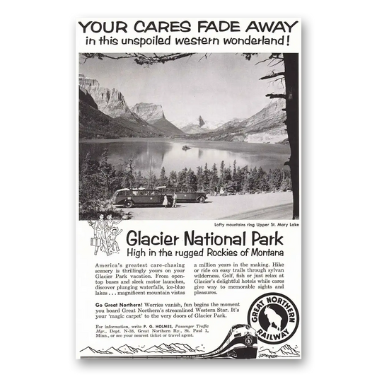 1958 Great Northern Railway Your Cares Fade Away Vintage Magazine Print Ad