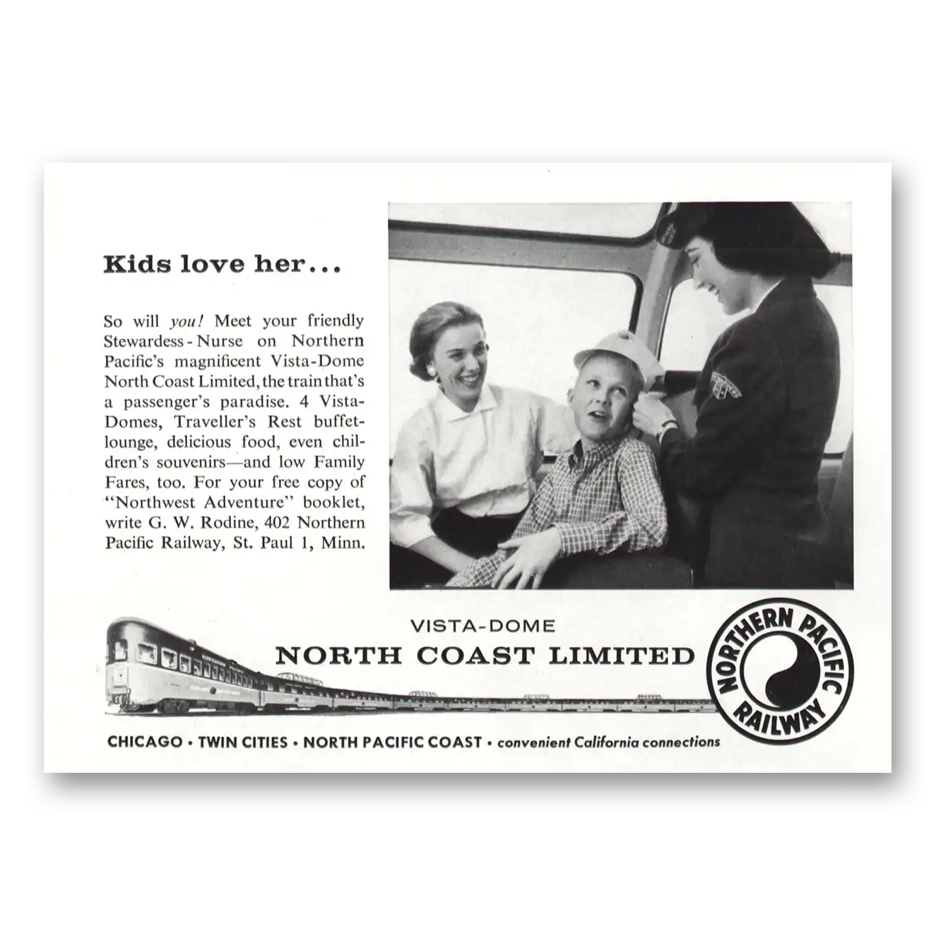 1958 Northern Pacific Railway Kids Love Her Stewardess Vintage Magazine Print Ad