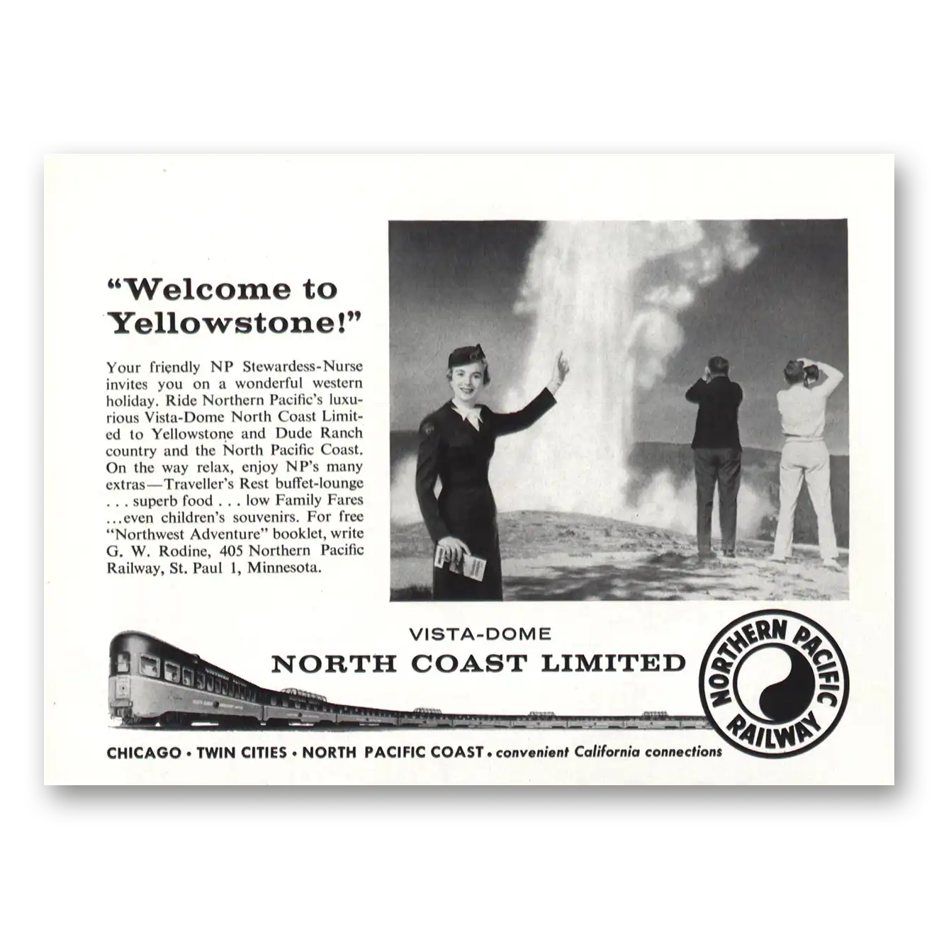 1958 Northern Pacific Railway Welcome to Yellowstone Old Faithful Vintage Magazine Print Ad