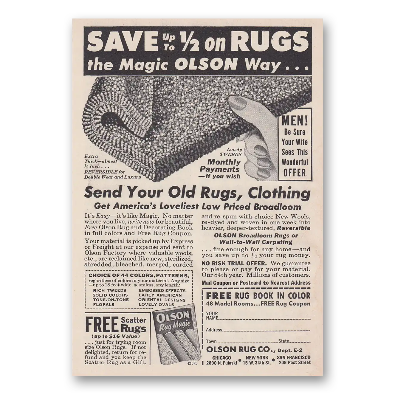 1958 Olson Rug Send Your Old Rugs Clothing Vintage Magazine Print Ad