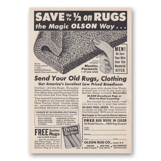 1958 Olson Rug Send Your Old Rugs Clothing Vintage Magazine Print Ad