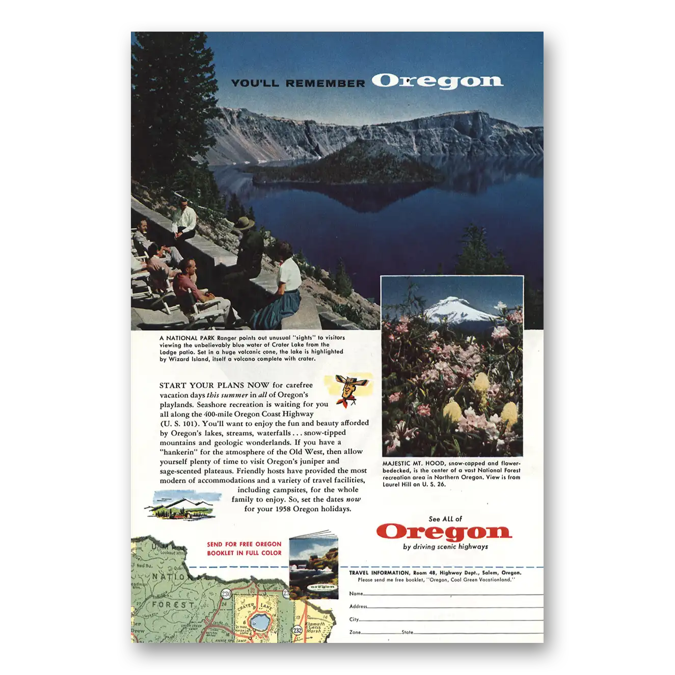 1958 Oregon Park Ranger Crater Lake Vintage Magazine Print Ad