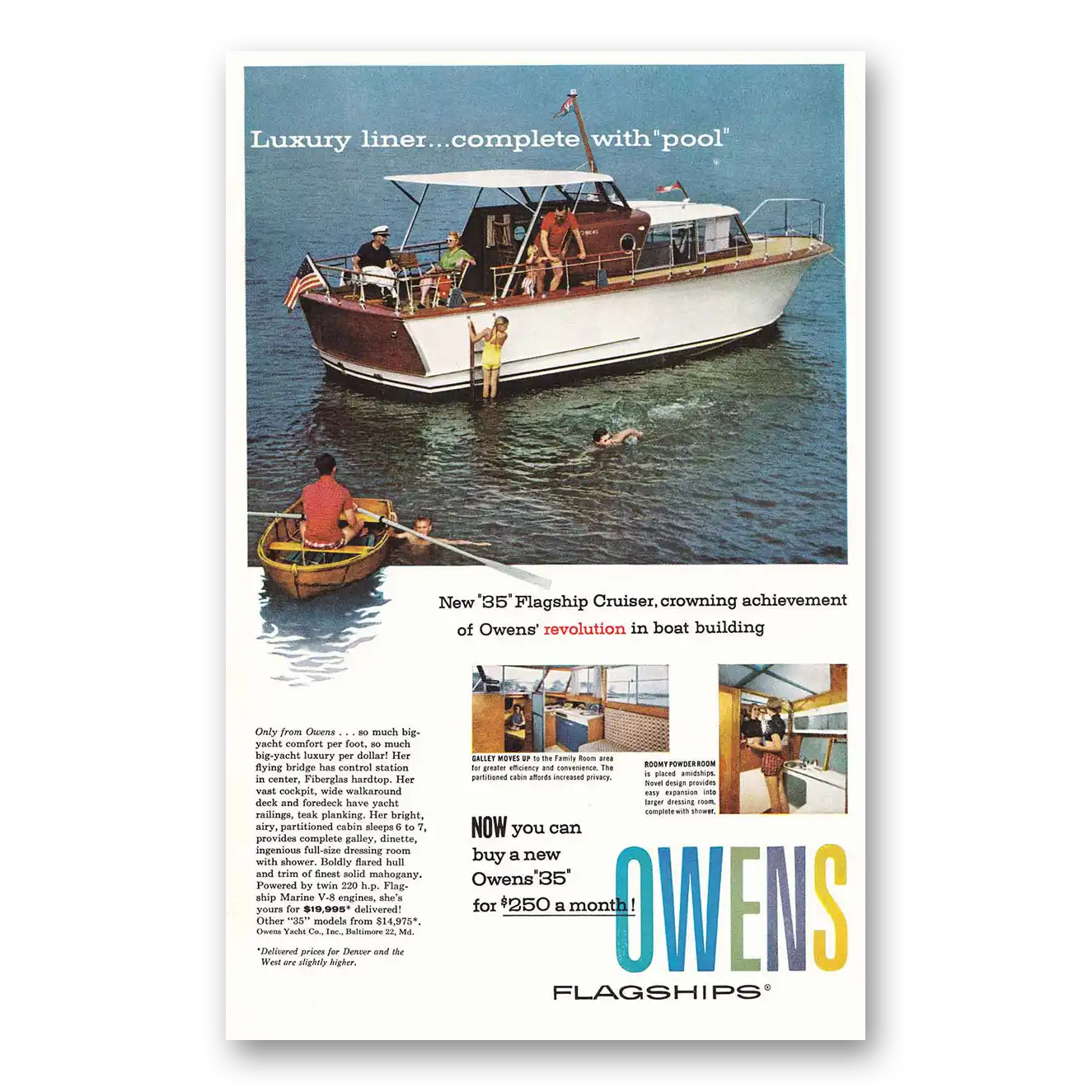 1958 Owens Yacht Company Flagships 35 Vintage Magazine Print Ad