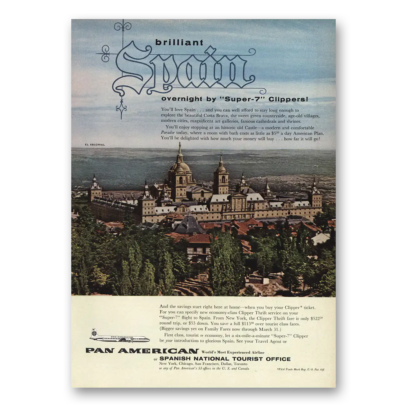 1958 Pan Am Spain Overnight Super 7 Clippers Vintage Magazine Print Ad