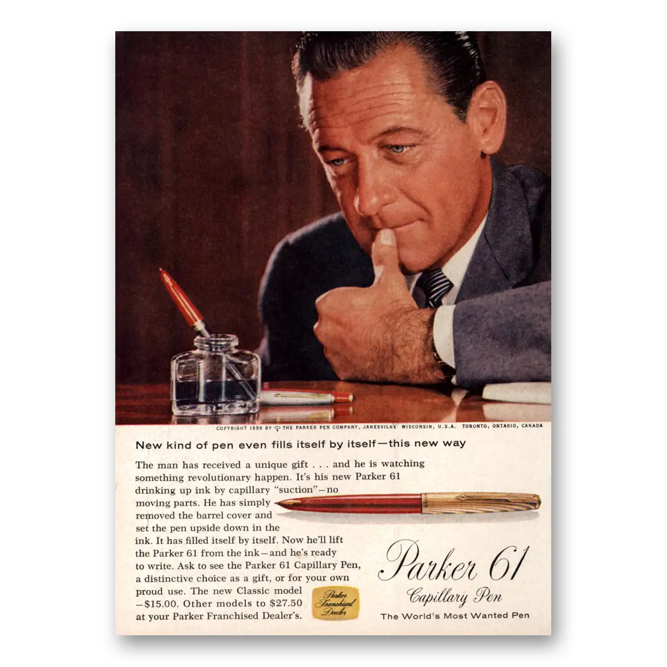 1958 Parker 61 Pen Capillary Pen Fills Itself By Itself Vintage Magazine Print Ad