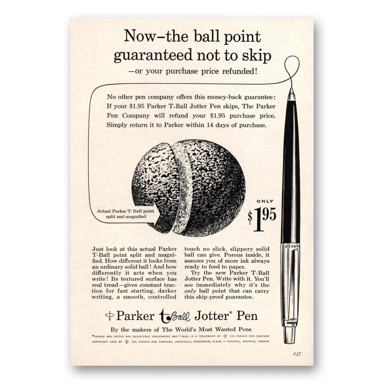 1958 Parker T Ball Jotter Pen Tired of Ball Points That Skip Vintage Magazine Print Ad