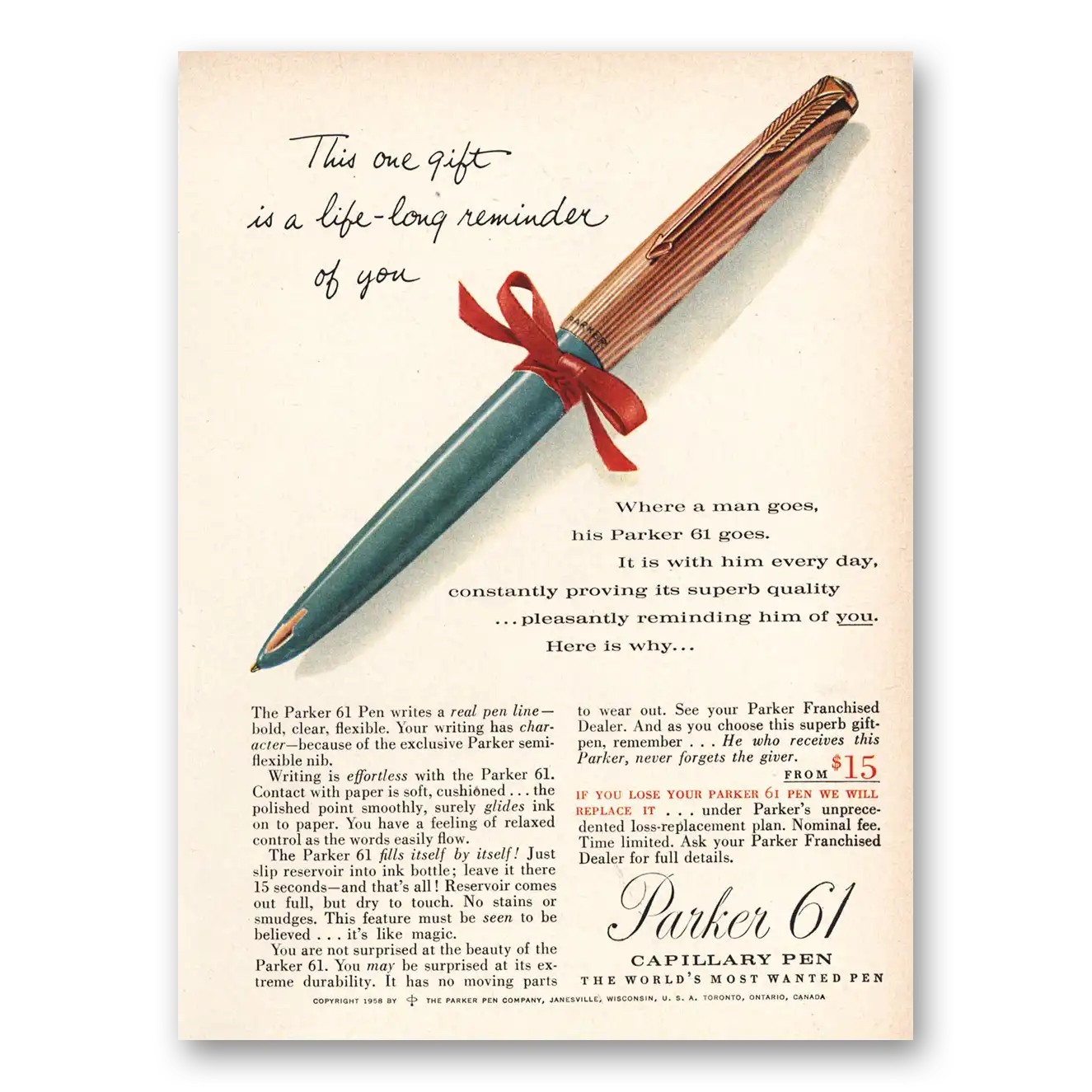 1958 Parker 61 Pen Life Long Reminder of You Vintage Magazine Print Ad